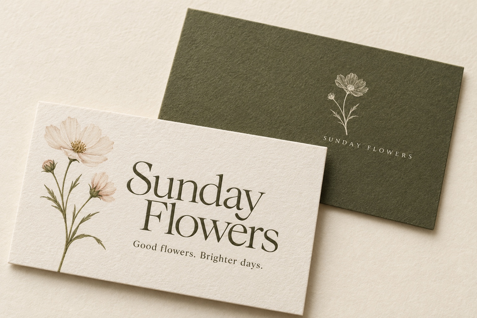 Sunday Flowers business cards: ivory textured paper with an olive serif wordmark and delicate botanical illustration, paired with an olive reverse.